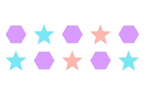 An illustration of how the nth-child pseudoclass works with the of S clause. There are ten elements. Every odd element is a purple hexagon. Every even element is a star. Of the star elements, the first, third, and fifth stars are blue. The second and fourth stars are orange.