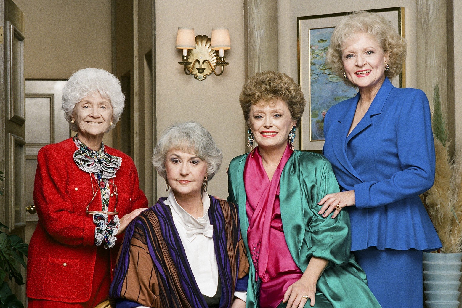 A photo of the cast of "The Golden Girls," from left to right: Estelle Getty, Bea Arthur, Rue McClanahan, and Betty White