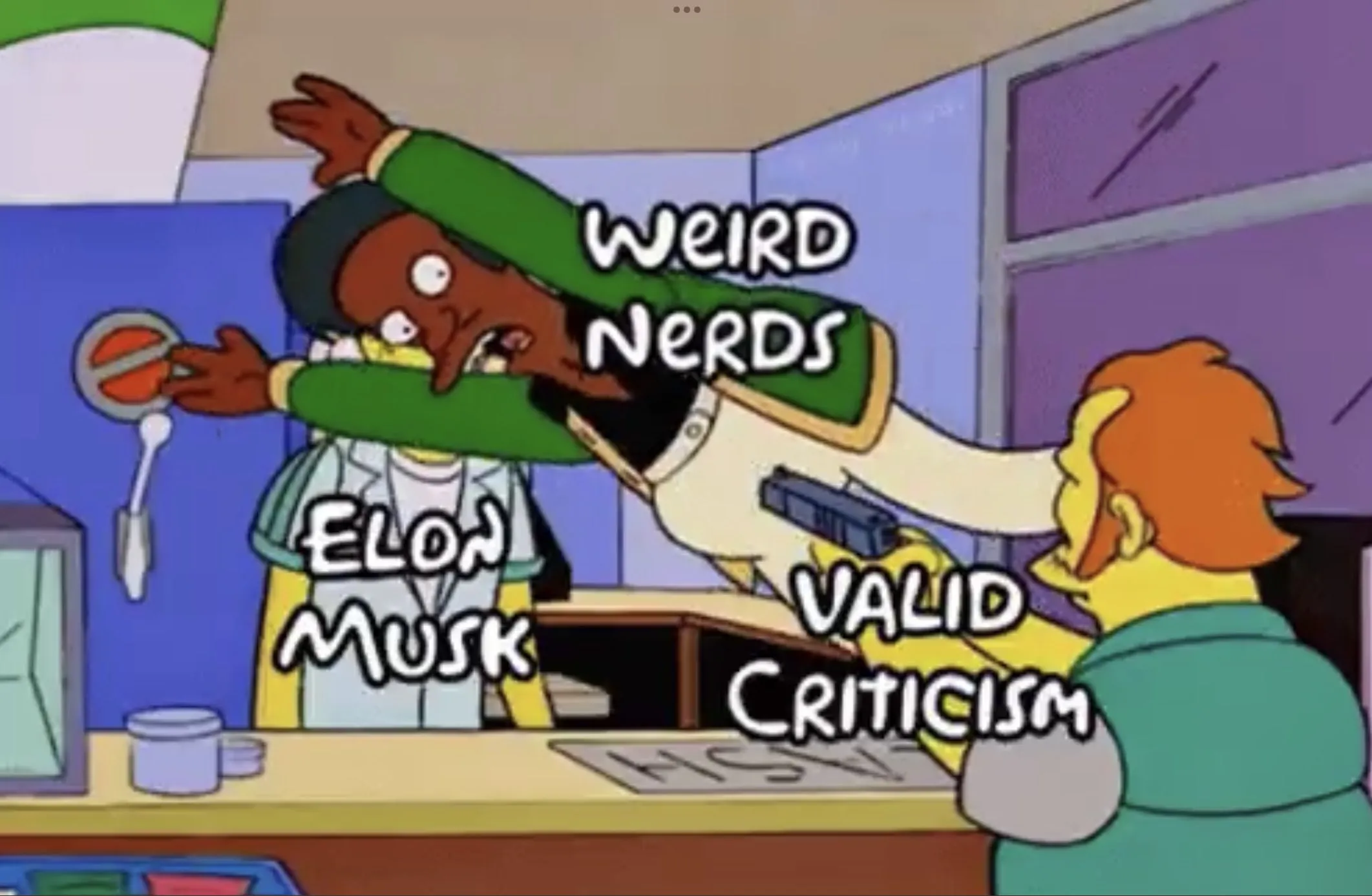 Apu jumping in front of a gun to shield James Wood from a robber's gun in that a scene from the Simpsons.