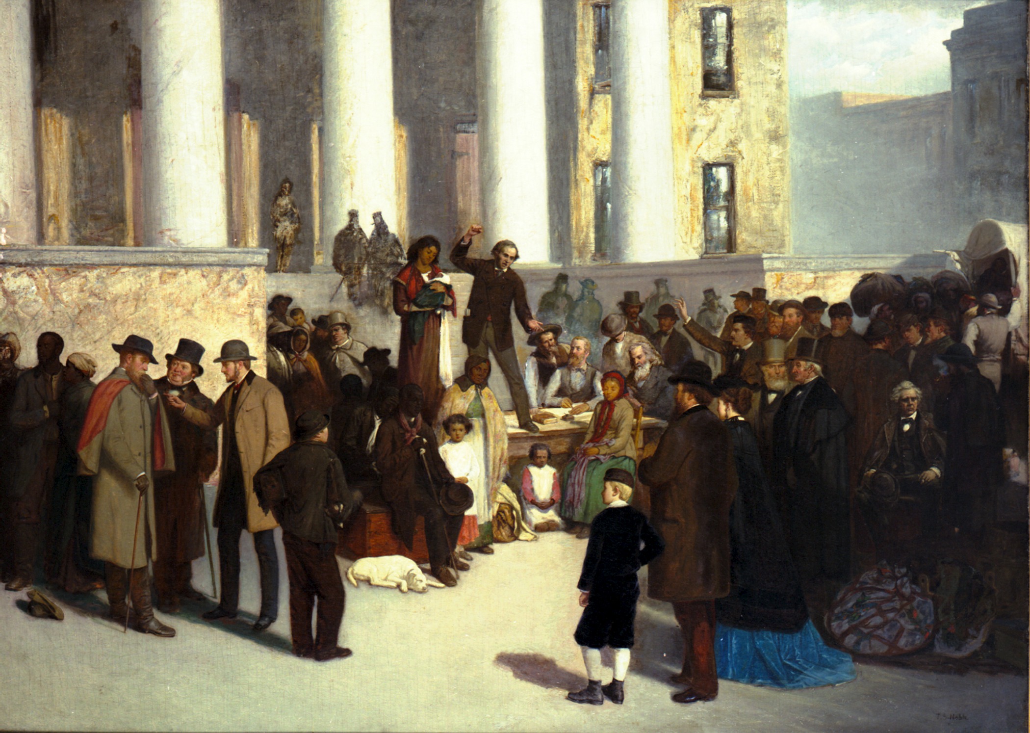 Oil painting titled 'The Last Sale of Slaves' by Thomas Satterwhite Noble. A crowd of people are gathered in front of the St. Louis Court House steps. Everyone is wearing winter clothing. The light in the painting is focused on a quartet of enslaved African-Americans, one of whom may be of mixed racial lineage. Everyone else in the painting is white and watching the auction of people.