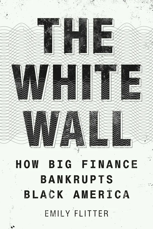 A photo of The White Wall's cover. It's black text set in a blocky sans-serif, humanist font typeface, set against a pattern of squiggly lines designed to mimic the patterns found on U.S. currency.