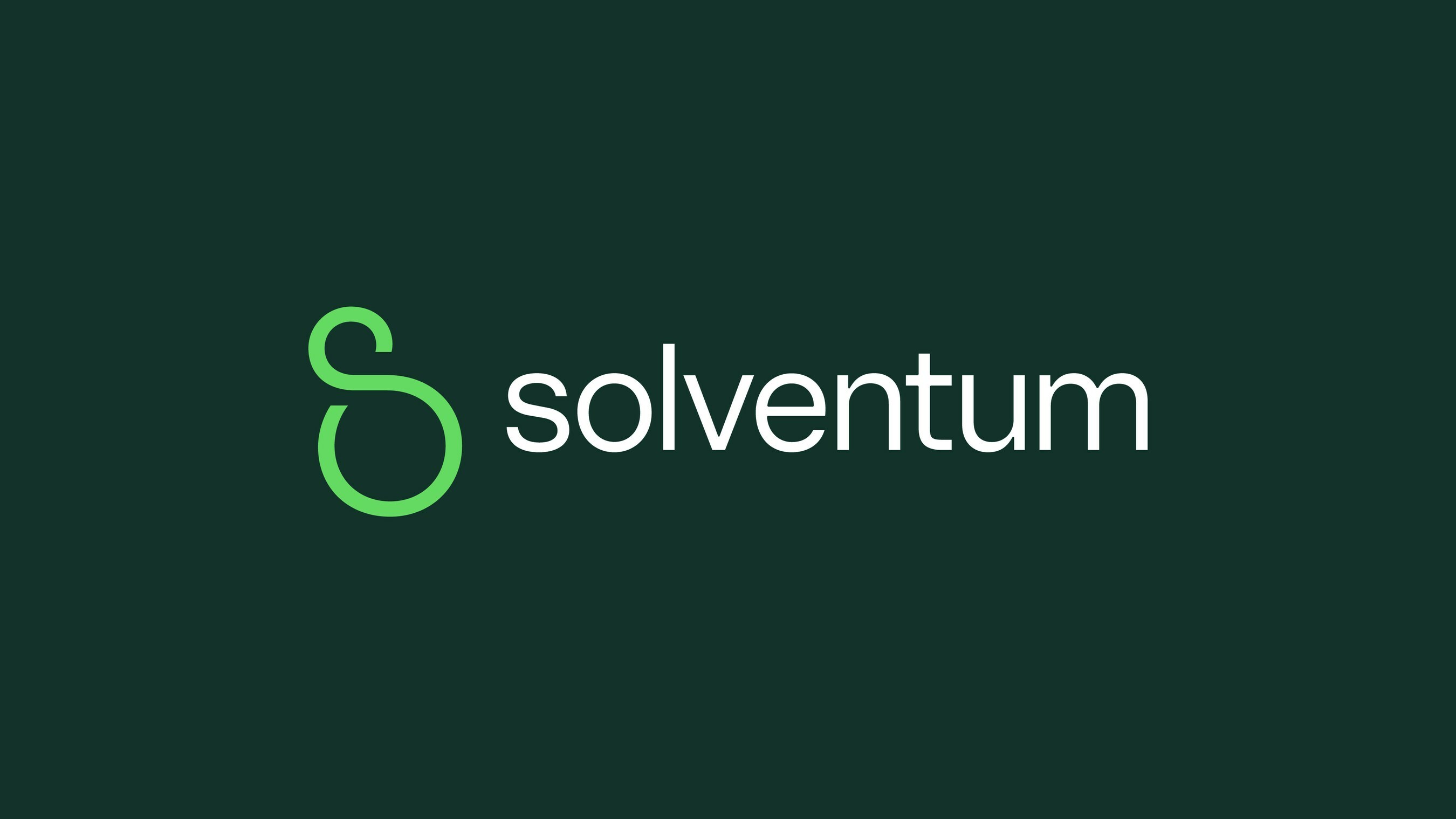 Solventum's corporate logo. It consists of a lime green, stylized letter S that looks a little like a bowling pin tilted by negative 10 degrees, and the corporation's name in a white sans-serif type face against a forest green background.