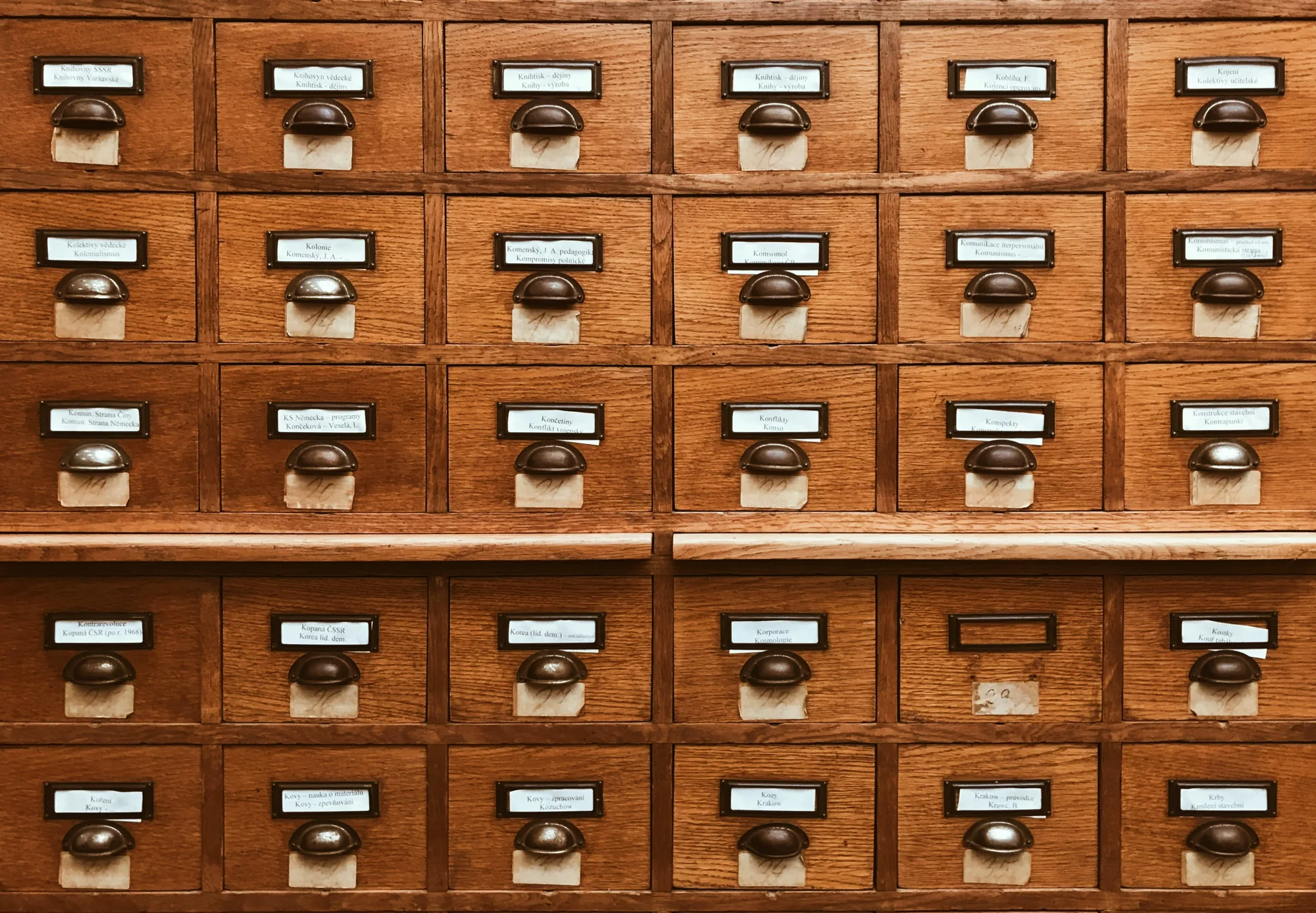 An old fashioned, wooden card catalog that libraries used to store information about books and periodicals in their collection. A paper database, if you will.